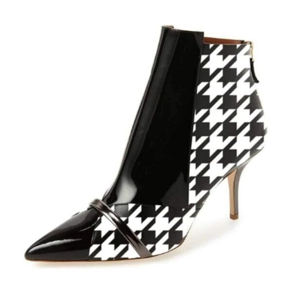 FSJ Women Glossy Mid Heel Ankle Boots Pointed Toe Bootie Chelsea Zipper Plaid - Picture 1 of 8